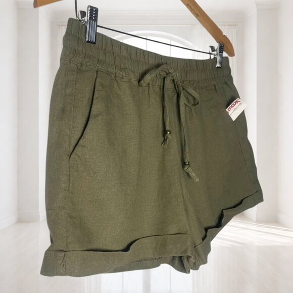NWT Love Tree Olive Green Linen Blend Shorts Size L Elastic Waist Drawstring - Picture 3 of 10
